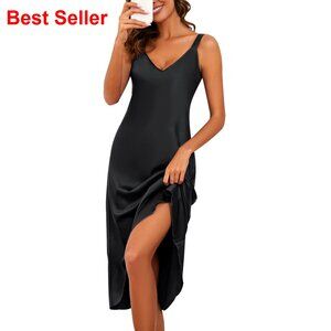 Satin Nightgown V Neck Sleeveless Sleepwear Midi Length Loose Fit